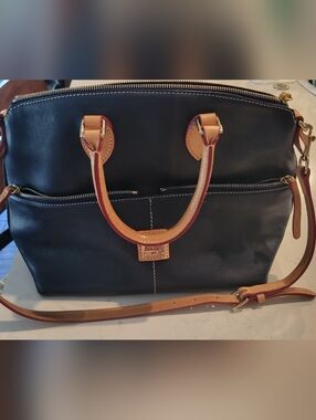 Dooney & Bourke Navy Leather Satchel with Tan Trim and Gold Hardware